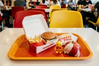 Happy Meal McDonald's ouvert sur un plateau de restaurant rapide montrant frites, burger, jouet et quartiers de pomme