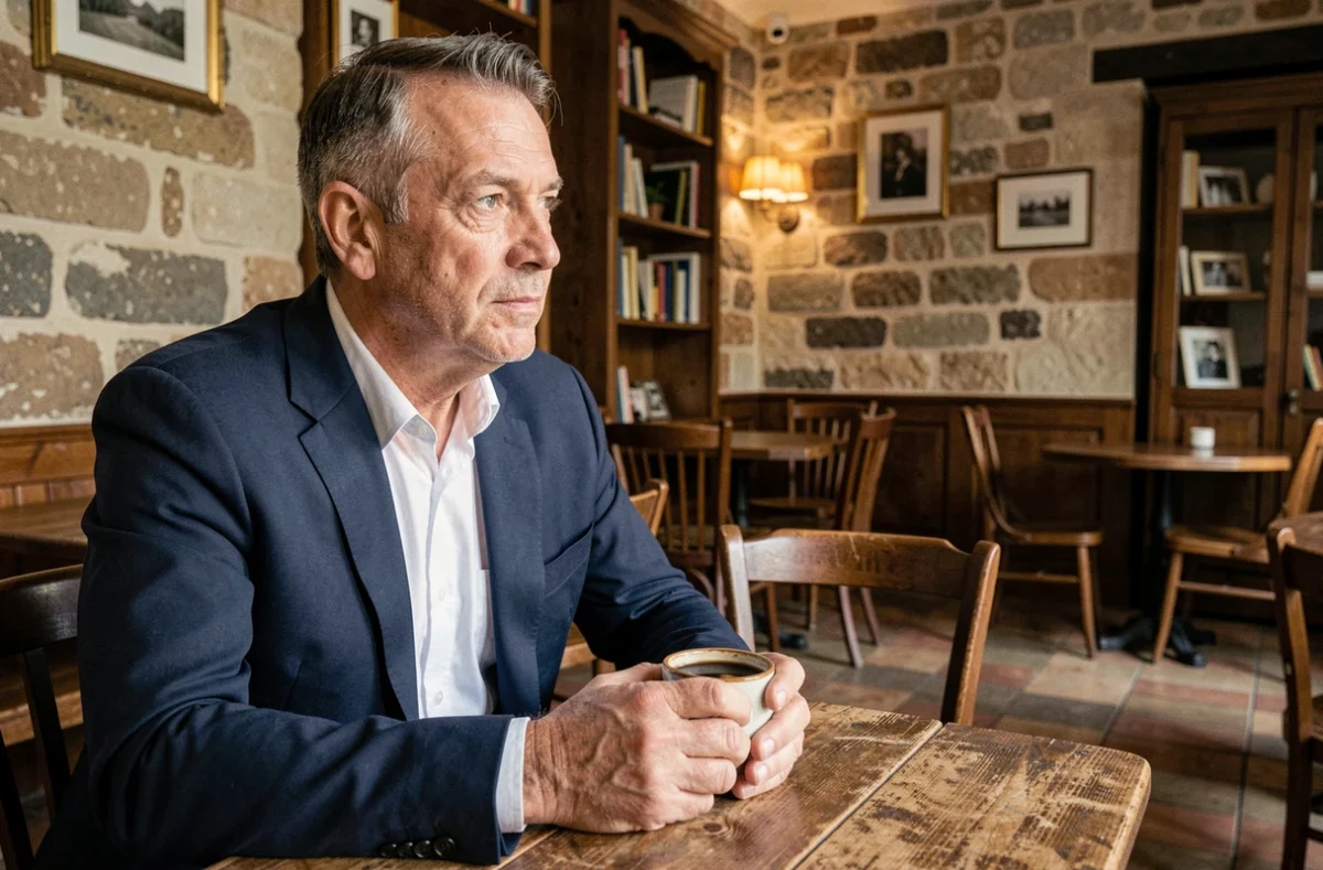 Homme pensif assis seul dans un café français, évoquant la discrétion, la vie privée et l'intimité des personnalités publiques