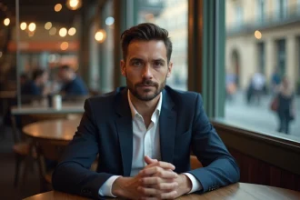 Homme en costume dans un café urbain en soirée