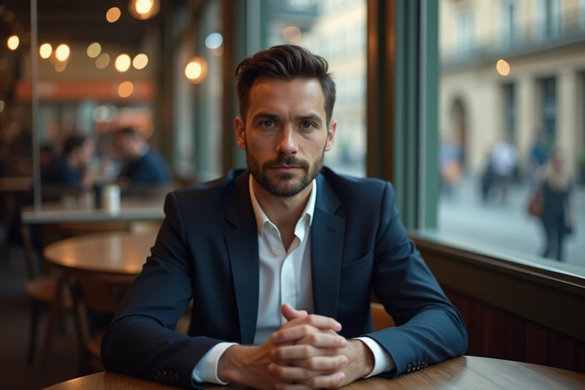 Homme en costume dans un café urbain en soirée