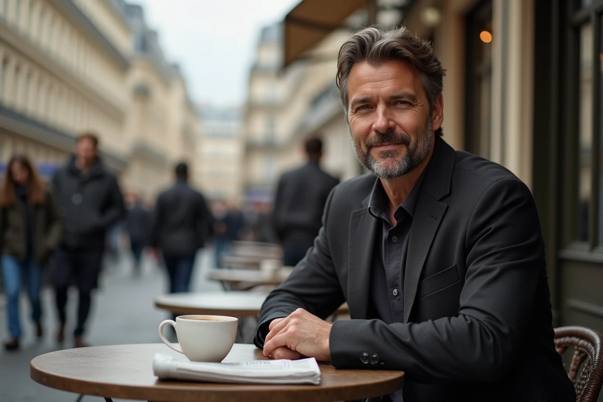 Homme seul à une terrasse de café parisien après une séparation, ambiance réflexive et nouvelle vie