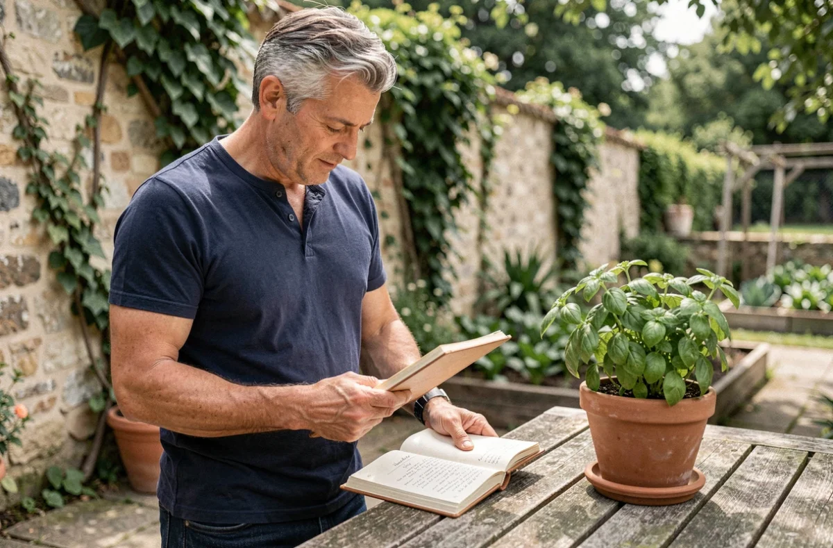 Homme consultant un carnet de recettes manuscrit dans un jardin de style français avec des herbes aromatiques en pot