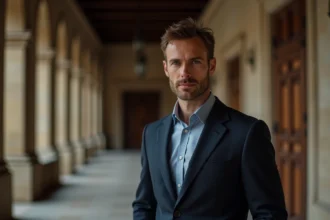 Portrait d'un homme en costume devant un couloir de mairie française, évoquant un mariage civil républicain
