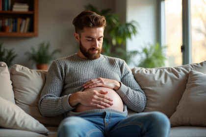 Homme enceinte assis dans un salon cosy et lumineux