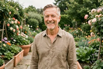Homme mature souriant dans un jardin fleuri, illustrant la vie privée et le goût pour la nature, en lien avec l'univers de Stéphane Marie