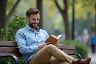 Homme en tenue décontractée lisant dans un parc urbain