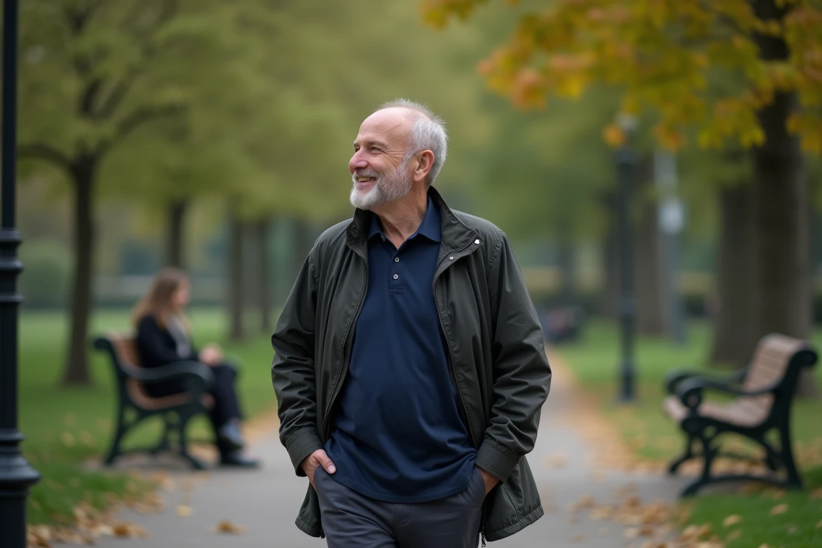 Homme en promenade dans un parc urbain ensoleille