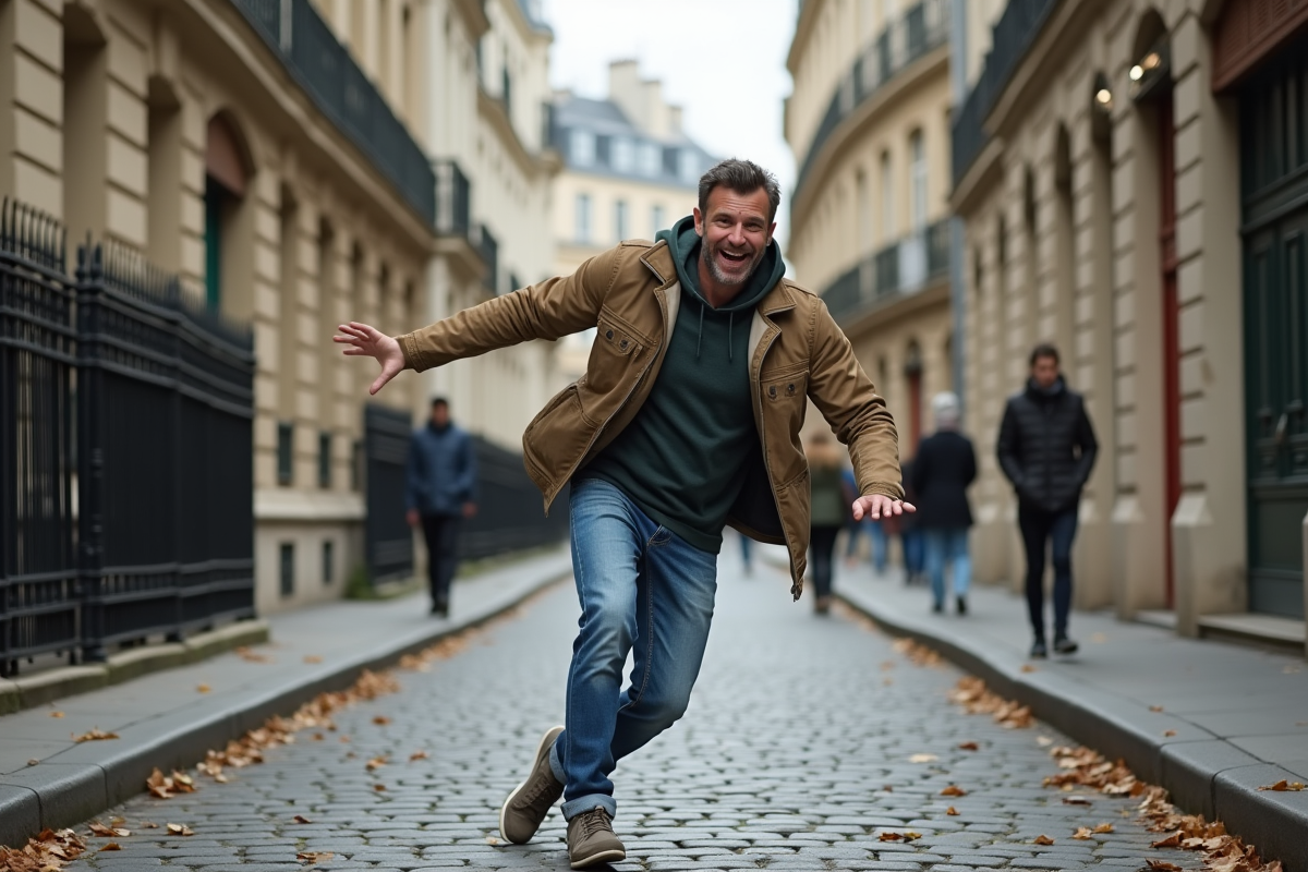 Homme français souriant sur un trottoir parisien