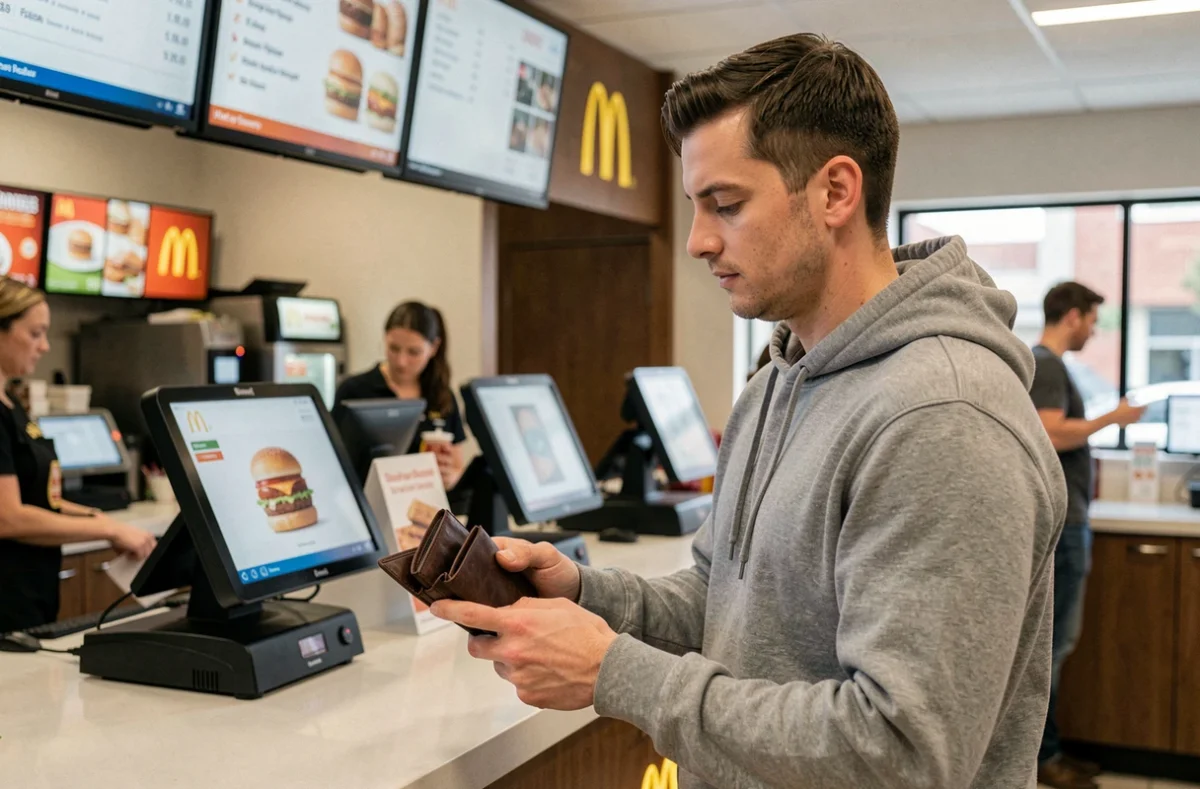 Homme consultant les prix du menu Happy Meal sur un tableau digital McDonald's en 2026, portefeuille à la main