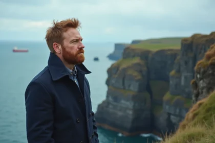 Homme contemplant la mer sur une falaise venteuse
