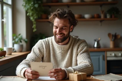 Homme souriant lisant une carte d anniversaire dans la cuisine