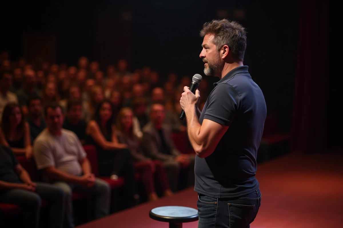 Humoriste en représentation sur scène tenant un micro, illustrant la carrière artistique de Booder et son identité scénique