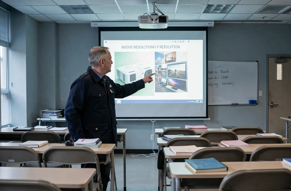 Instructeur en photographie présentant les caractéristiques d'un projecteur dans une salle de cours avec écran de projection