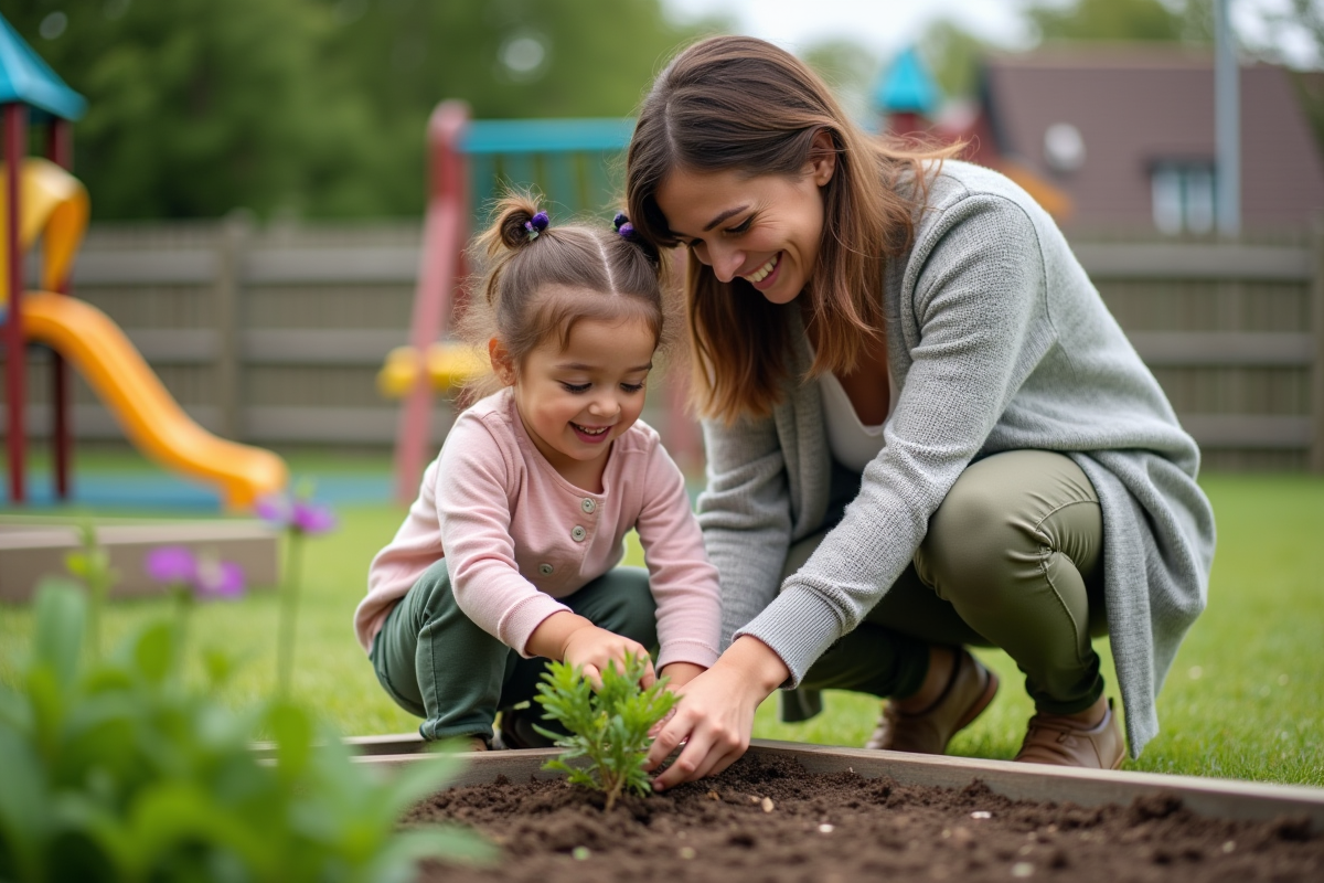 Femme et enfant plantant des fleurs dans le jardin