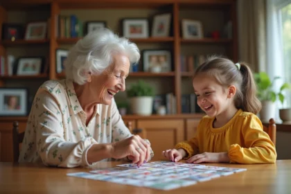 Grand-mère et petite-fille jouant ensemble à un jeu de cartes lors d'un anniversaire en famille