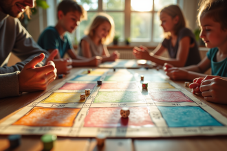 Jeu de la mare familiale coloré et fait maison avec enfants et adultes