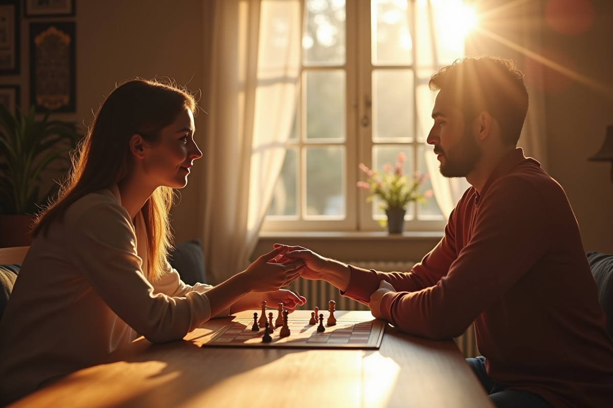 Couple jouant à un jeu de société dans un salon lumineux