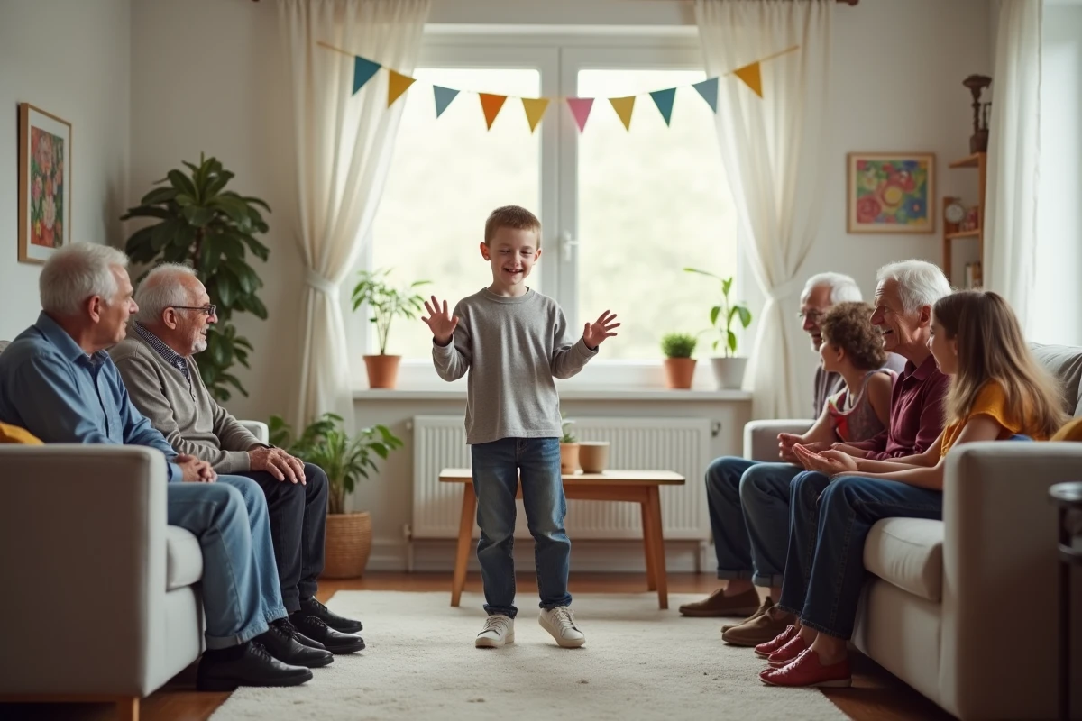 Famille réunie pour un jeu de mime intergénérationnel lors d'un anniversaire en intérieur