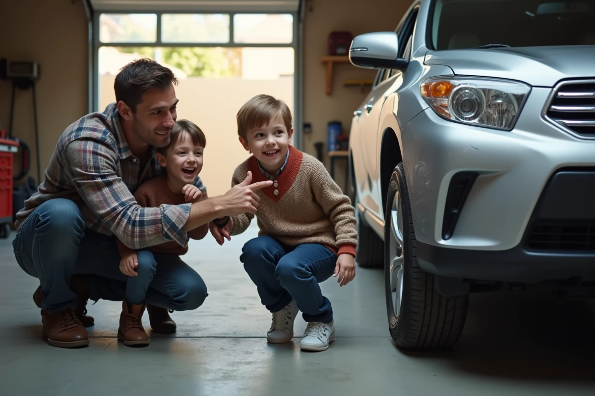 Père et ses enfants jouant au jeu touche touche pas devant une voiture dans un garage familial