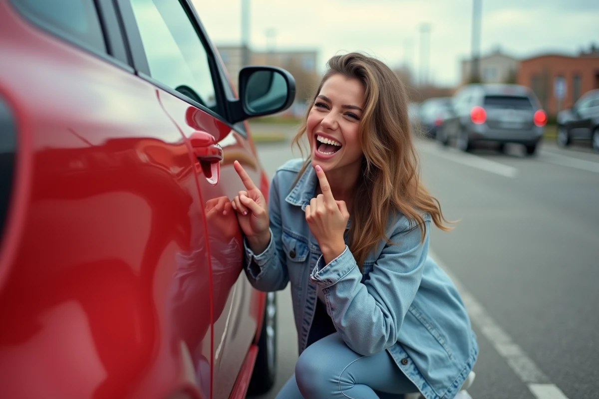 Jeune femme jouant au jeu touche touche pas près d'une voiture rouge dans un parking urbain