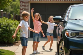 Groupe d'enfants jouant au jeu touche touche pas autour d'une voiture dans une allée résidentielle