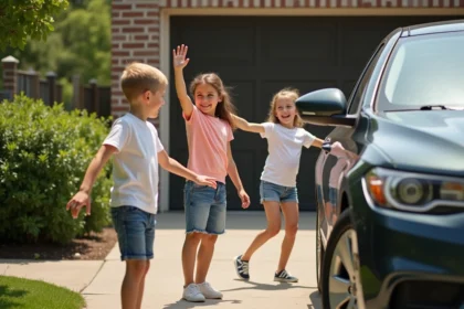 Groupe d'enfants jouant au jeu touche touche pas autour d'une voiture dans une allée résidentielle