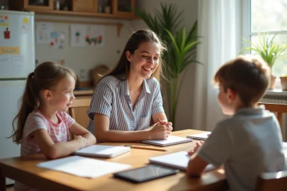 Jeune femme avec enfants dans une cuisine chaleureuse
