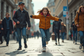 Jeune personne glissant sur le trottoir en chute surprise