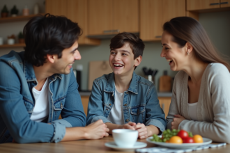 Jeune garçon avec ses parents dans une cuisine chaleureuse