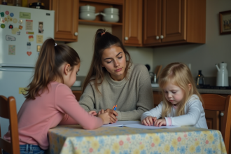 Jeune femme aidant un enfant à faire ses devoirs à la maison