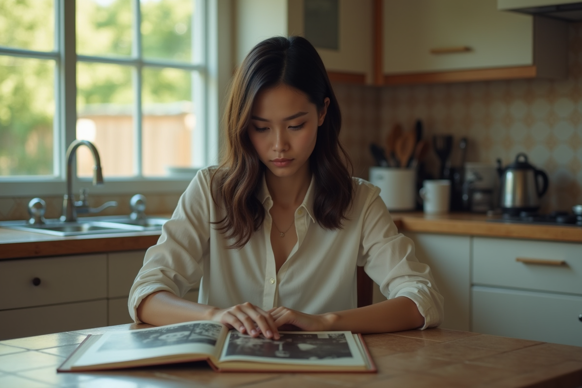 Jeune femme regardant un album photo nostalgique