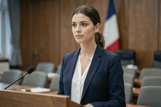 Jeune femme politique française au pupitre lors d'une conférence formelle, symbolisant l'ambition et l'indépendance politique face à un héritage familial pesant