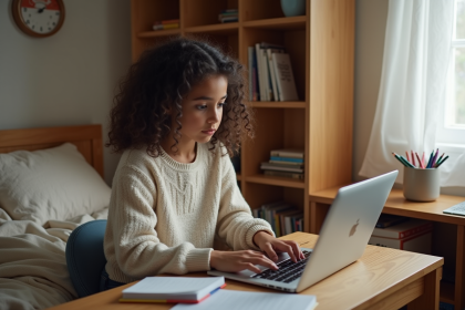 Jeune fille concentrée sur son ordinateur dans sa chambre