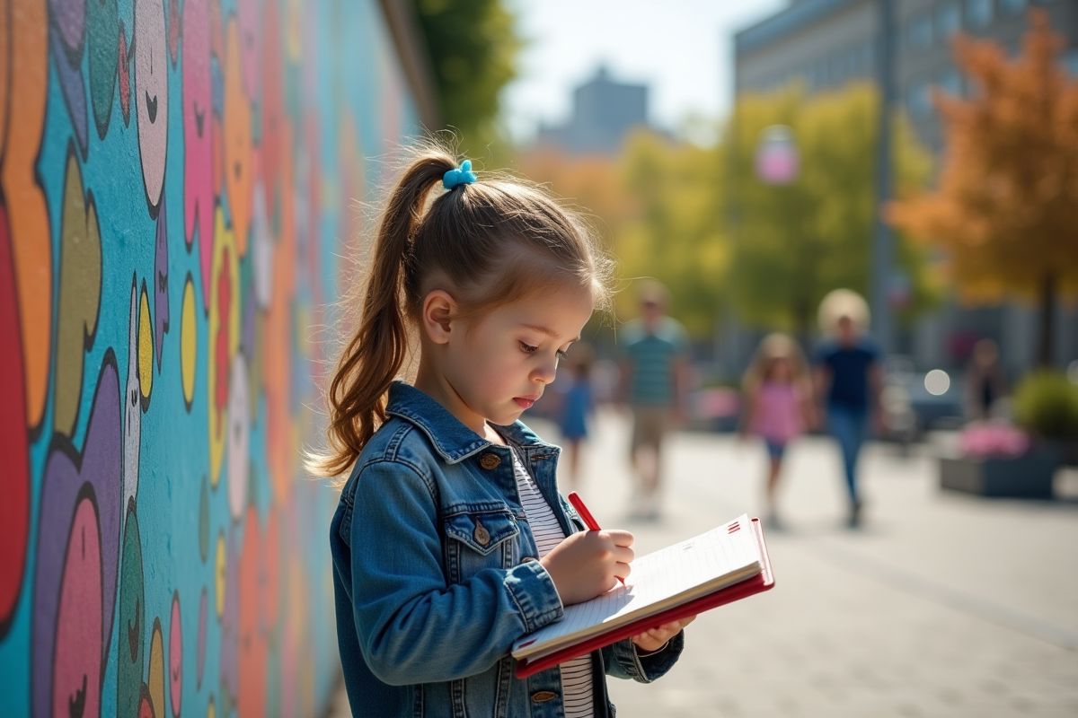 Jeune fille observant un grand mural en plein air dans un parc urbain