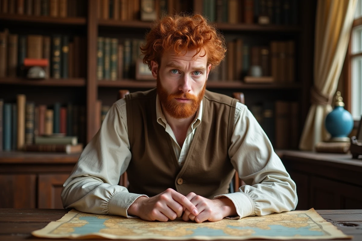 Jeune homme lisant une carte dans un bureau ancien