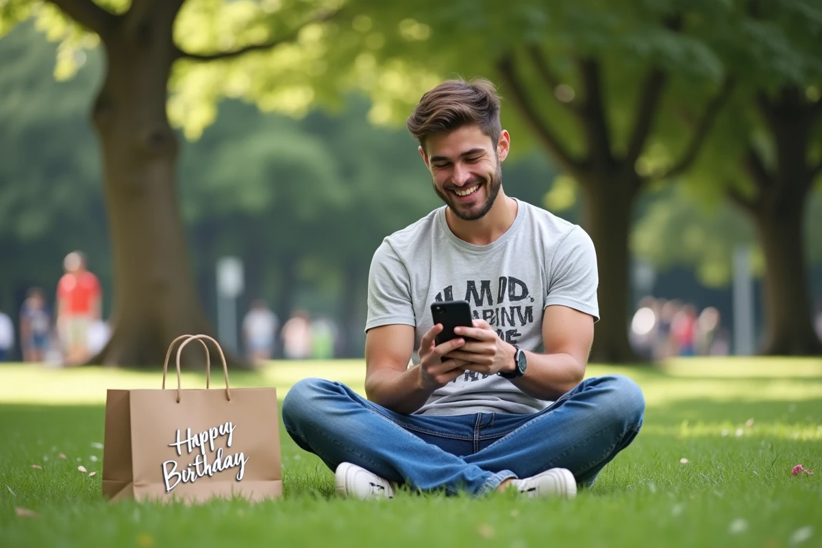 Jeune homme dans un parc écrivant un message sur son smartphone