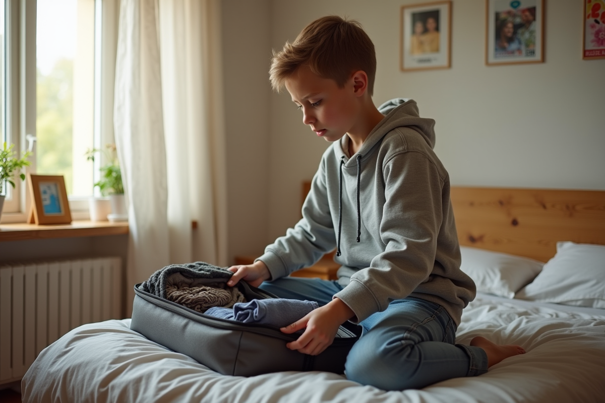 Adolescent préparant ses affaires dans sa chambre lumineuse