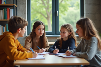 Quatre adolescents en discussion dans une salle moderne