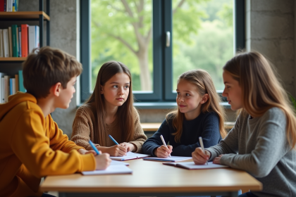 Quatre adolescents en discussion dans une salle moderne