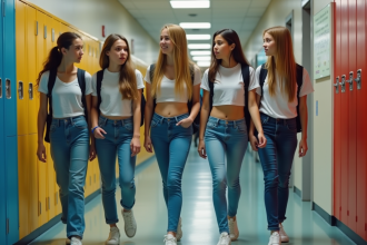 Groupe de collégiens français dans le couloir scolaire