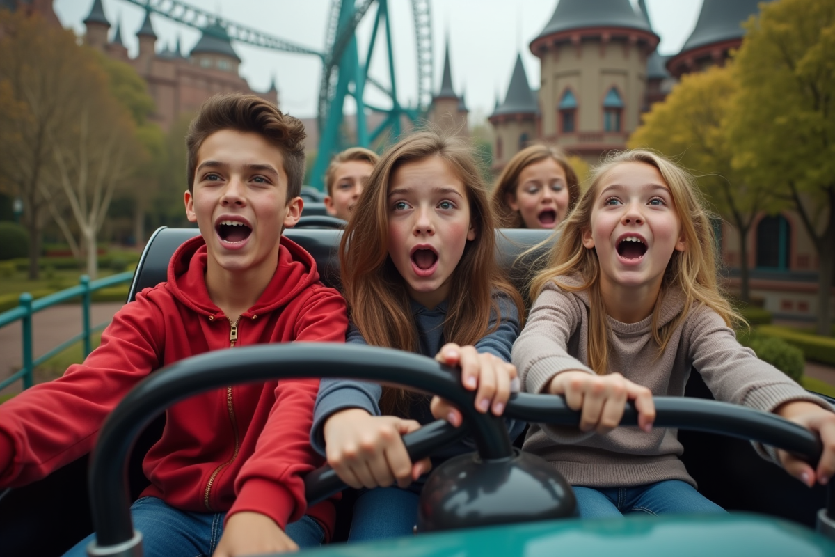 Adolescents dans un train de montagnes russes prêts à partir
