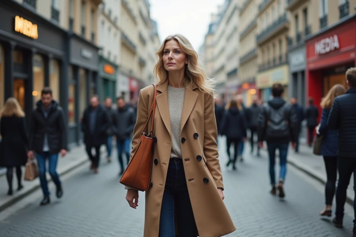 Femme journaliste marchant dans une rue parisienne, symbolisant l'exposition médiatique et la vie privée des personnalités publiques