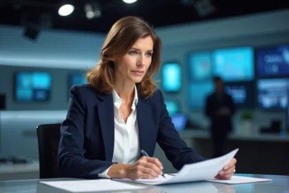 Journaliste professionnelle dans un studio de télévision examinant des documents, illustrant la vie privée médiatisée de Charlotte d'Ornellas