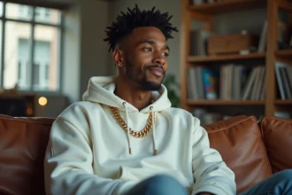 Rappeur français Jul en couple - portrait introspectif dans un appartement urbain moderne