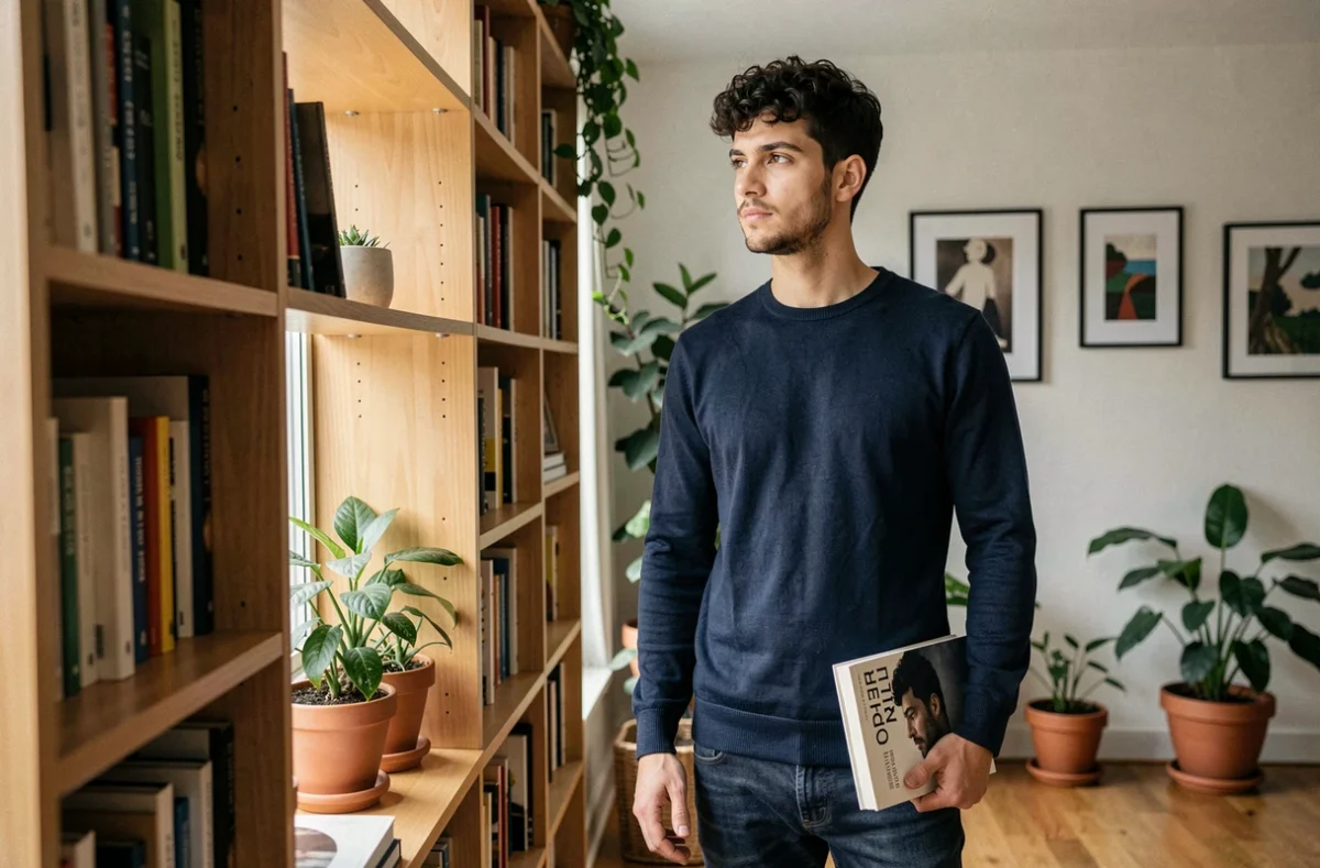 Jeune homme pensif dans un appartement moderne près d'une bibliothèque, évoquant l'intimité et la personnalité de Jules Torres loin des stéréotypes