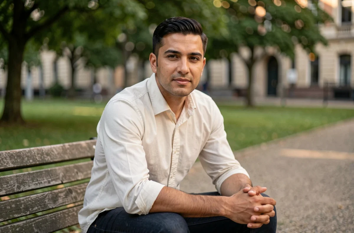 Portrait authentique d'un jeune homme sur un banc dans un parc urbain, illustration éditoriale sur la vie privée et l'orientation de Jules Torres