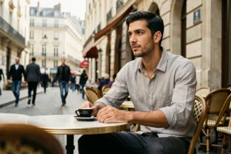 Portrait décontracté d'un jeune homme à la terrasse d'un café parisien, illustrant la vie privée et la personnalité de Jules Torres