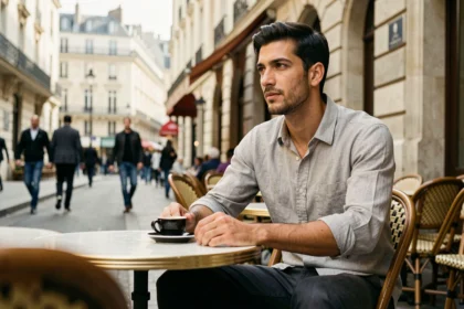 Portrait décontracté d'un jeune homme à la terrasse d'un café parisien, illustrant la vie privée et la personnalité de Jules Torres