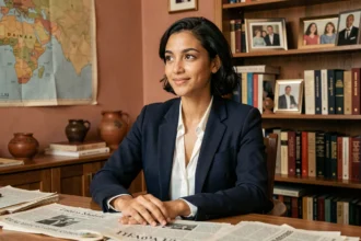 Jeune femme d'origine algérienne assise dans un bureau chaleureux entouré de livres et de photos de famille, évoquant les racines et l'identité culturelle