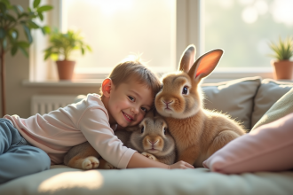 Lapin nain lopeared câlinant deux enfants dans un salon lumineux